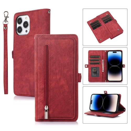 iPhone 14 Pro Zipper Card Slot Buckle Wallet Leather Phone Case - Red