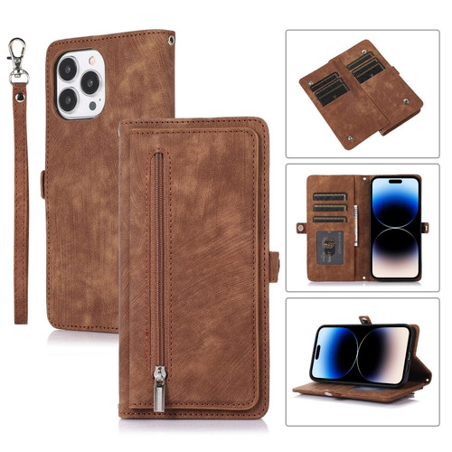 iPhone 14 Pro Zipper Card Slot Buckle Wallet Leather Phone Case - Brown