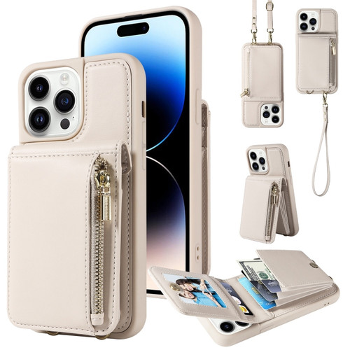 iPhone 14 Pro Crossbody Lanyard Zipper Wallet Leather Phone Case - Beige