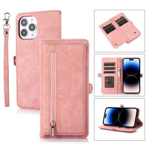 iPhone 14 Pro Zipper Card Slot Buckle Wallet Leather Phone Case - Rose Gold