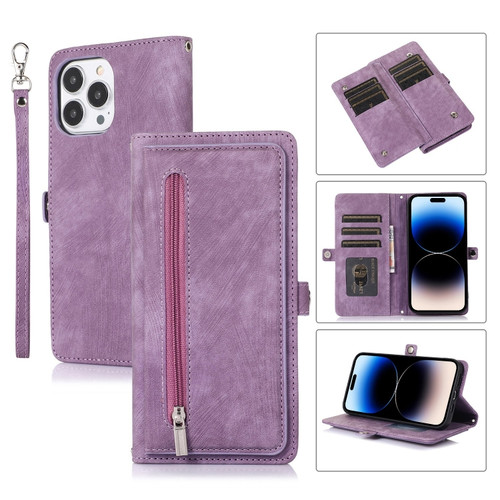 iPhone 14 Pro Zipper Card Slot Buckle Wallet Leather Phone Case - Purple