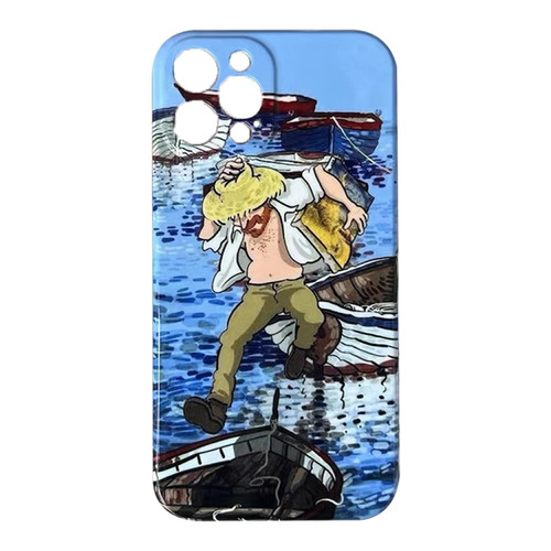 iPhone 14 Pro Oil Painting Pattern Glossy PC Phone Case - Jump in the Boat