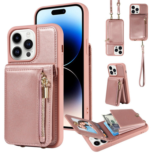 iPhone 14 Pro Crossbody Lanyard Zipper Wallet Leather Phone Case - Rose Gold