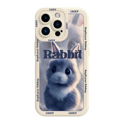 iPhone 14 Pro Liquid Silicone Oil Painting Rabbit Phone Case - Beige Grey