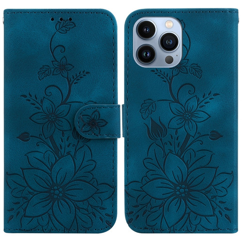 iPhone 14 Pro Lily Embossed Leather Phone Case - Dark Blue