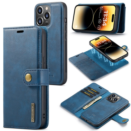 iPhone 14 Pro DG.MING Crazy Horse Texture Detachable Magnetic Leather Case - Blue