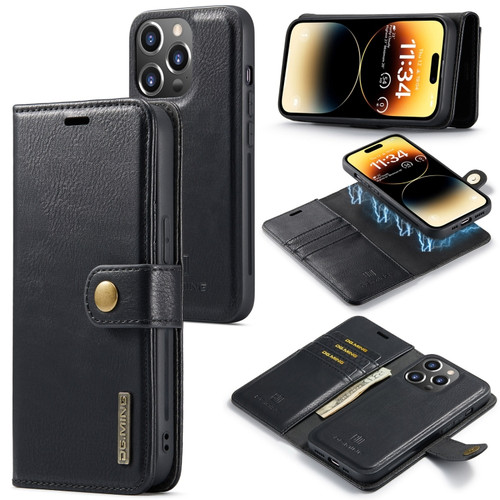 iPhone 14 Pro DG.MING Crazy Horse Texture Detachable Magnetic Leather Case - Black