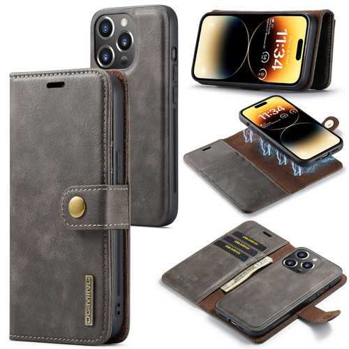 iPhone 14 Pro DG.MING Crazy Horse Texture Detachable Magnetic Leather Case - Grey