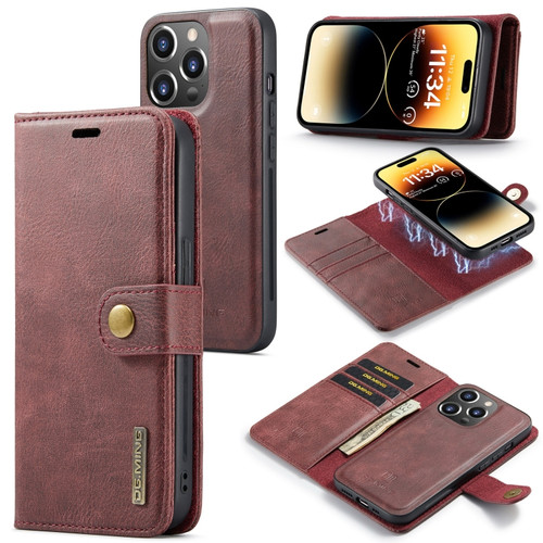 iPhone 14 Pro DG.MING Crazy Horse Texture Detachable Magnetic Leather Case - Red