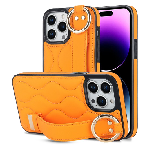 iPhone 14 Pro Non-slip Full Coverage Ring PU Phone Case with Wristband - Orange