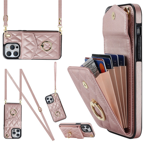 iPhone 14 Pro Rhombic Texture Card Bag Phone Case with Long Lanyard - Rose Gold