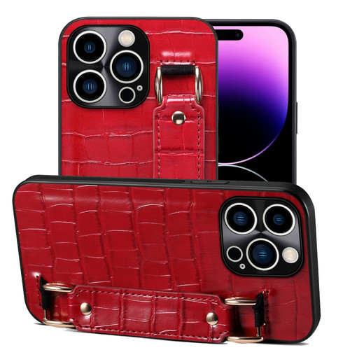iPhone 14 Pro Crocodile Wristband Wallet Leather Back Cover Phone Case - Red