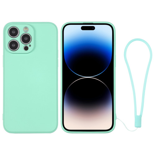 iPhone 14 Pro Silicone Phone Case with Wrist Strap - Mint Green
