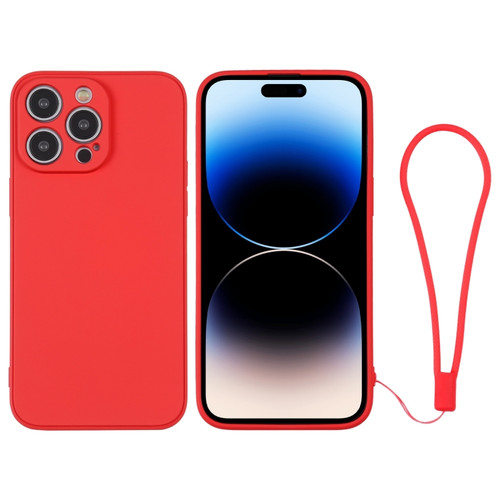 iPhone 14 Pro Silicone Phone Case with Wrist Strap - Red