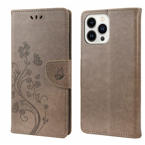 iPhone 14 Pro Butterfly Flower Pattern Flip Leather Phone Case - Grey