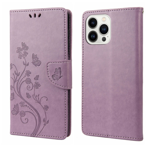 iPhone 14 Pro Butterfly Flower Pattern Flip Leather Phone Case - Light Purple