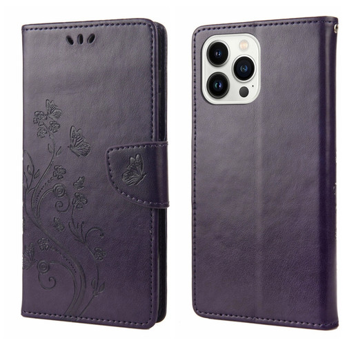 iPhone 14 Pro Butterfly Flower Pattern Flip Leather Phone Case - Deep Purple