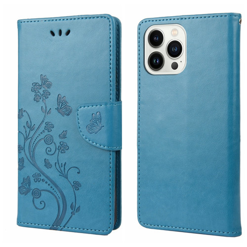 iPhone 14 Pro Butterfly Flower Pattern Flip Leather Phone Case - Blue