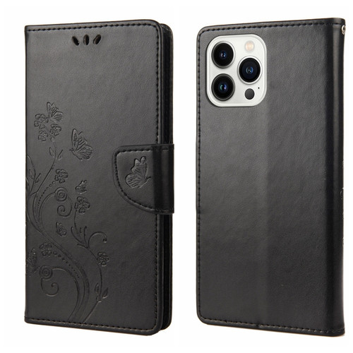 iPhone 14 Pro Butterfly Flower Pattern Flip Leather Phone Case - Black