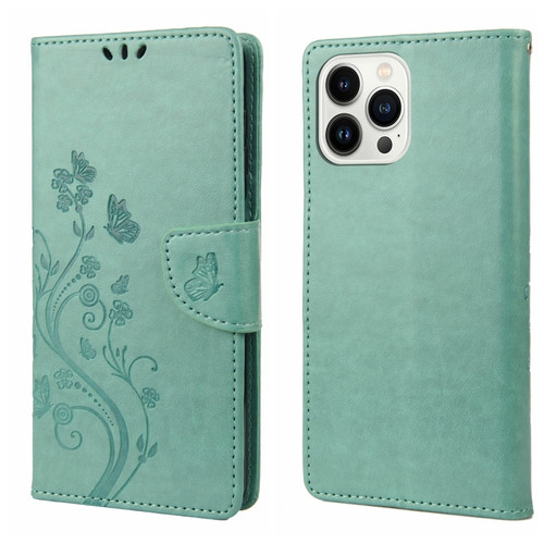 iPhone 14 Pro Butterfly Flower Pattern Flip Leather Phone Case - Green