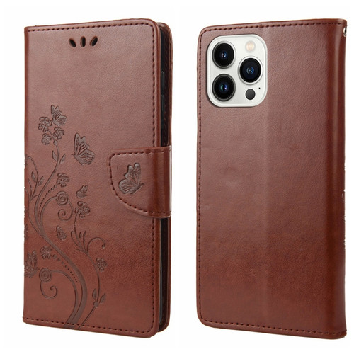 iPhone 14 Pro Butterfly Flower Pattern Flip Leather Phone Case - Brown