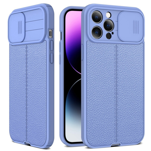 iPhone 14 Pro Litchi Texture Sliding Camshield TPU Protective Phone Case - Light Purple
