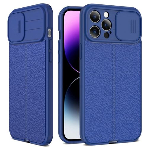 iPhone 14 Pro Litchi Texture Sliding Camshield TPU Protective Phone Case - Blue