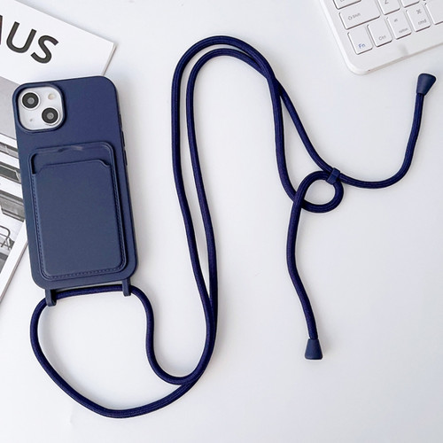 iPhone 14 Pro Crossbody Lanyard Elastic Silicone Card Holder Phone Case - Dark Blue