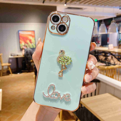 iPhone 14 Pro Electroplated Rhinestone Flamingo Phone Case - Green