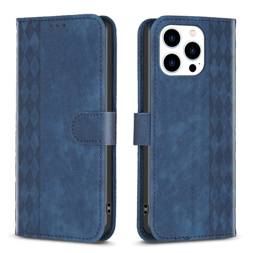 iPhone 14 Pro Plaid Embossed Leather Phone Case - Blue