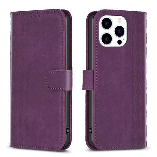 iPhone 14 Pro Plaid Embossed Leather Phone Case - Purple