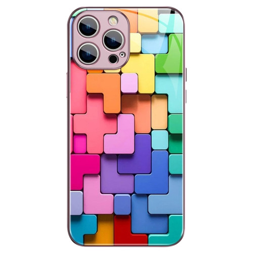 iPhone 14 Pro Colorful Toy Bricks Pattern Shockproof Glass Phone Case - Pink