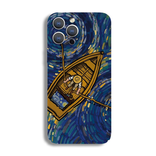 iPhone 14 Pro Precise Hole Oil Painting Pattern PC Phone Case - Boating