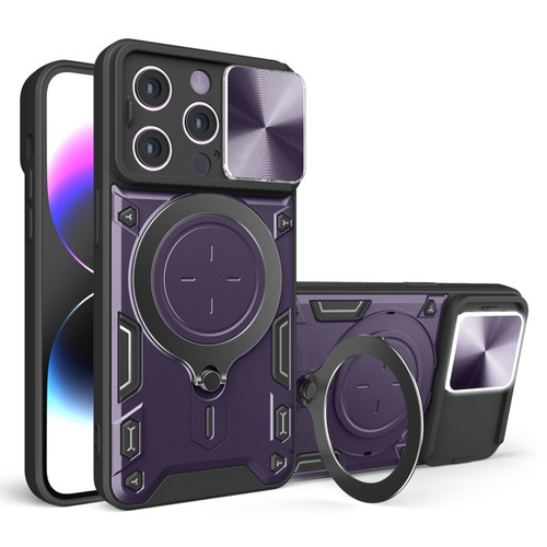 iPhone 14 Pro CD Texture Sliding Camshield Magnetic Holder Phone Case - Purple