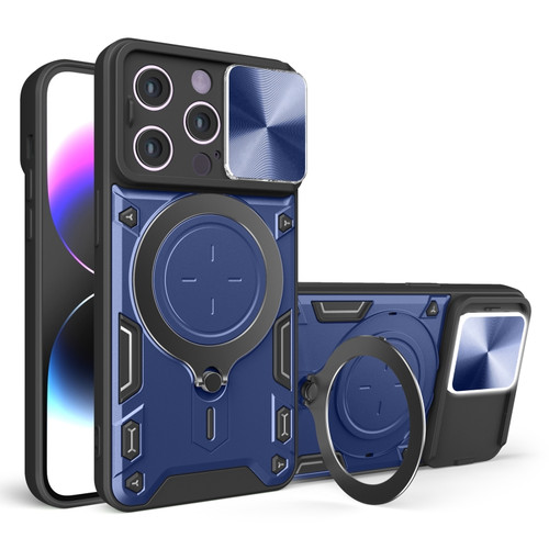 iPhone 14 Pro CD Texture Sliding Camshield Magnetic Holder Phone Case - Blue