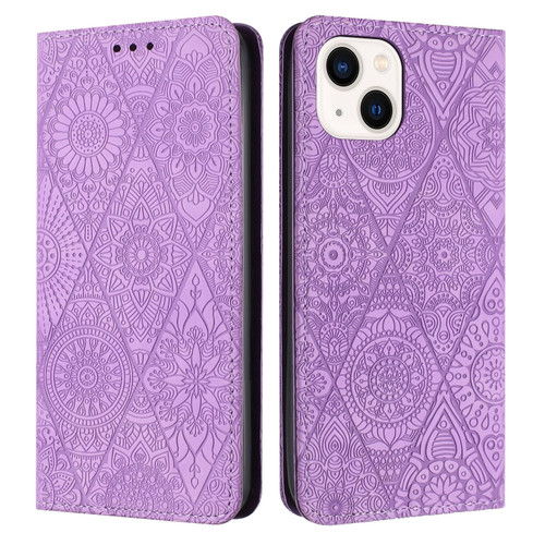 iPhone 14 Plus Ethnic Embossed Adsorption Leather Phone Case - Purple