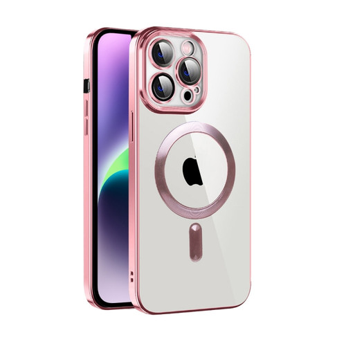 iPhone 14 Plus CD Texture Plating TPU MagSafe Phone Case with Lens Film - Pink