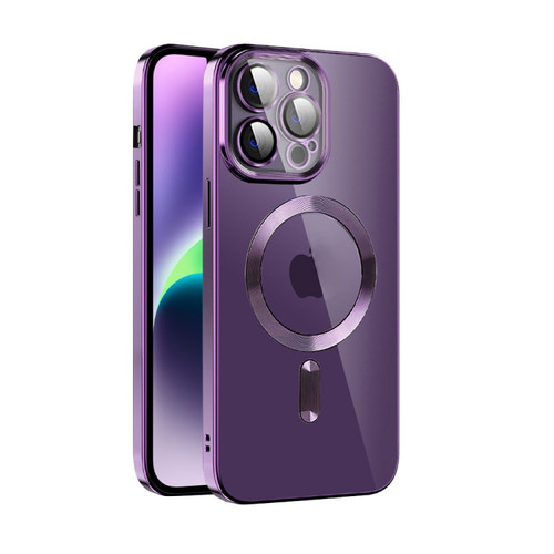 iPhone 14 Plus CD Texture Plating TPU MagSafe Phone Case with Lens Film - Dark Purple