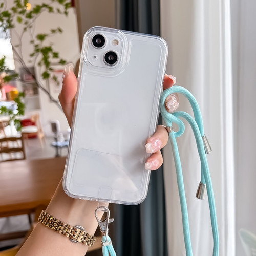 iPhone 14 Plus Space Fine Hole Transparent TPU Protective Case with Lanyard - Sky Blue