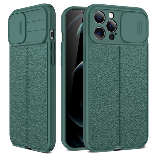 iPhone 14 Plus Litchi Texture Sliding Camshield TPU Protective Phone Case  - Dark Green