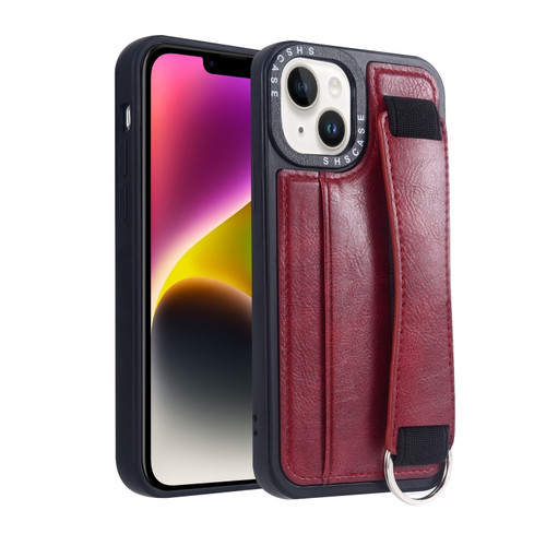 iPhone 14 Plus Photo Frame Card Wallet Wrist Strap Holder Back Cover Phone Case - Red