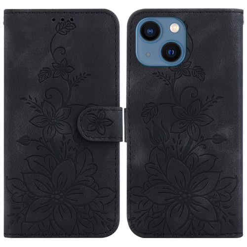 iPhone 14 Plus Lily Embossed Leather Phone Case - Black