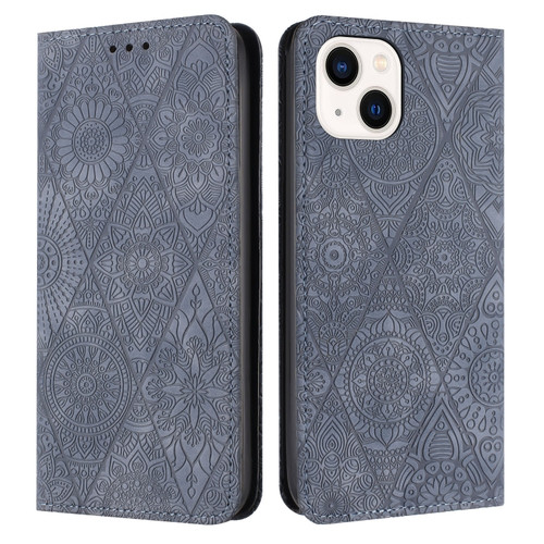 iPhone 14 Plus Ethnic Embossed Adsorption Leather Phone Case - Grey