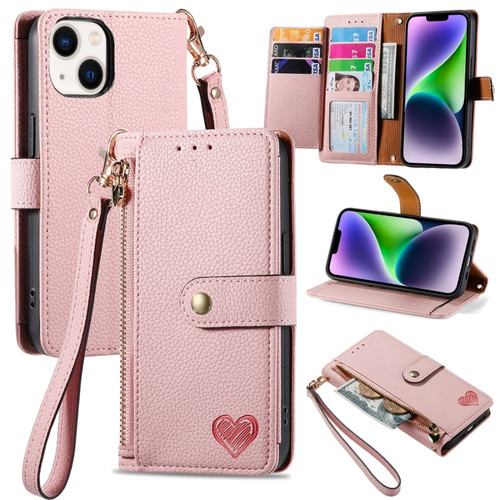 iPhone 14 Plus Love Zipper Lanyard Leather Phone Case - Pink