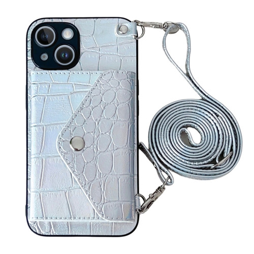 iPhone 14 Plus Crocodile Texture Lanyard Card Slot Phone Case - Silver