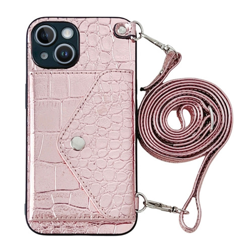 iPhone 14 Plus Crocodile Texture Lanyard Card Slot Phone Case - Rose Gold