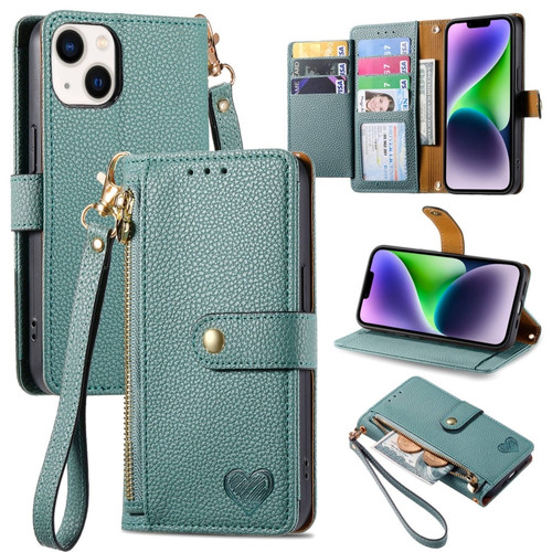 iPhone 14 Plus Love Zipper Lanyard Leather Phone Case - Green