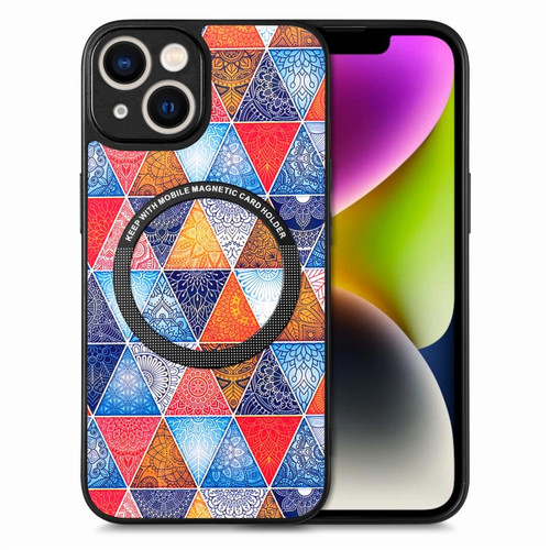 iPhone 14 Plus Colored Drawing Leather Back Cover Magsafe Phone Case - Rhombus Mandala