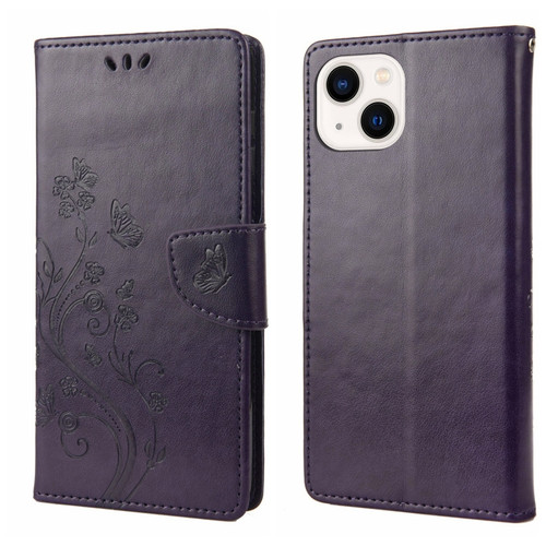 iPhone 14 Plus Butterfly Flower Pattern Flip Leather Phone Case  - Deep Purple