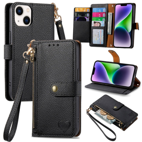iPhone 14 Plus Love Zipper Lanyard Leather Phone Case - Black